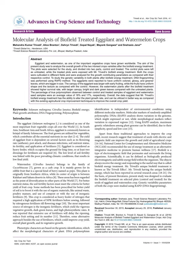 The Trivedi Effect on Biofield Treated Eggplant and Watermelon Crops