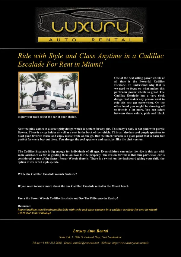 Ride with Style and Class Anytime in a Cadillac Escalade For Rent in Miami!