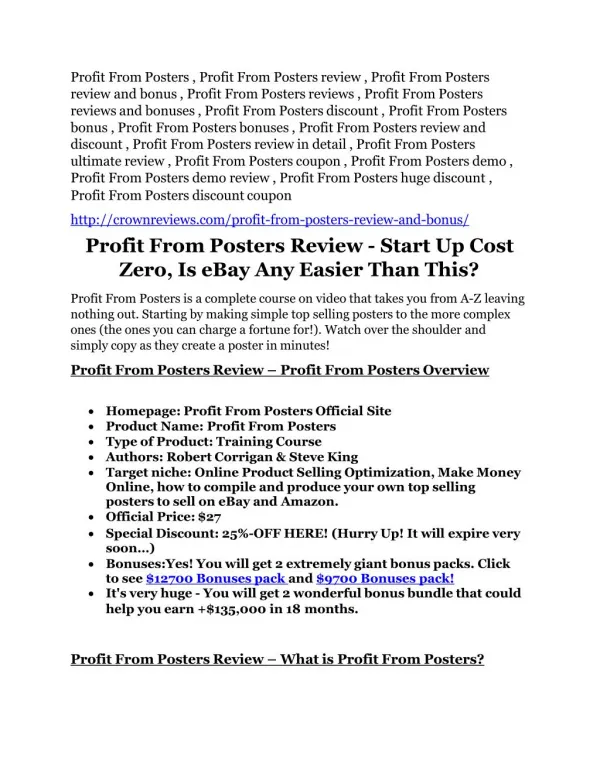 Profit From Posters review and MEGA $38,000 Bonus - 80% Discount
