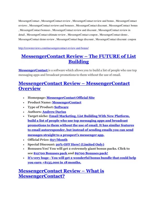 MessengerContact review and (FREE) $12,700 bonus-- MessengerContact Discount