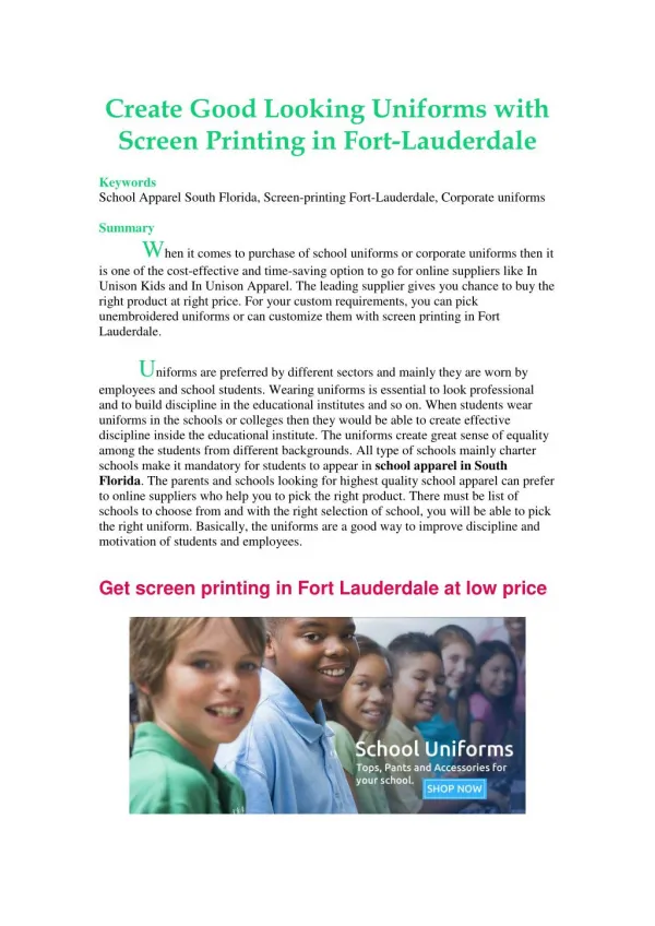 Create Good Looking Uniforms with Screen Printing in Fort-Lauderdale
