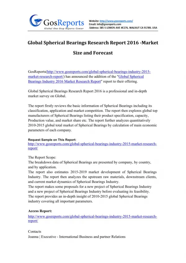 Global Spherical Bearings Industry 2015 Market Research Report