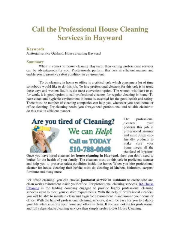 Call the Professional House Cleaning Services in Hayward