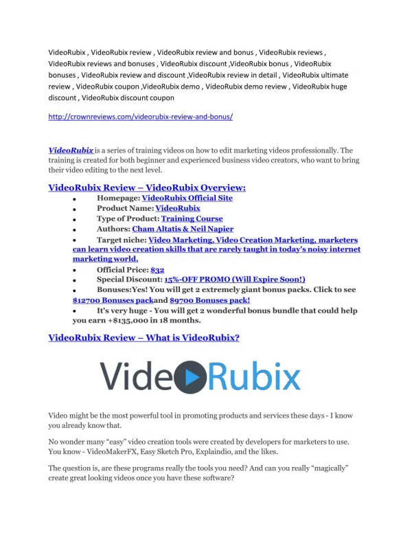 VideoRubix review demo and $14800 bonuses