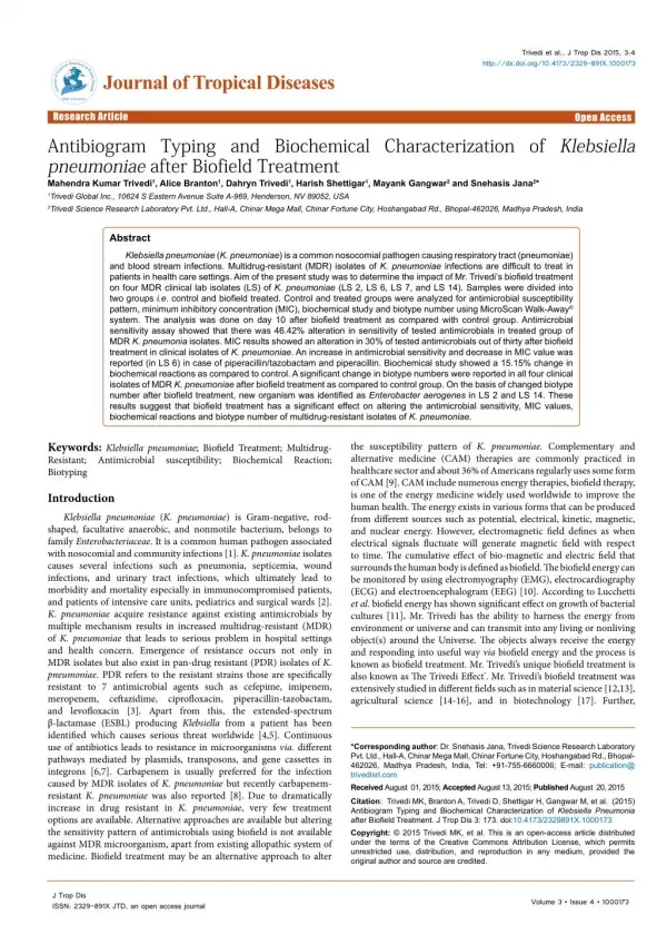 Study Klebsiella Pneumoniae after Biofield Treatment