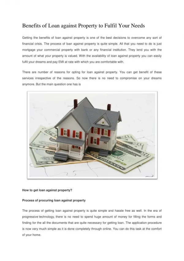Benefits of Loan against Property to Fulfil Your Needs