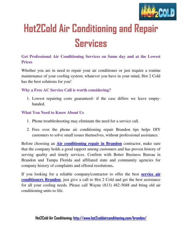 Hot2Cold Air Conditioning and Repair Services