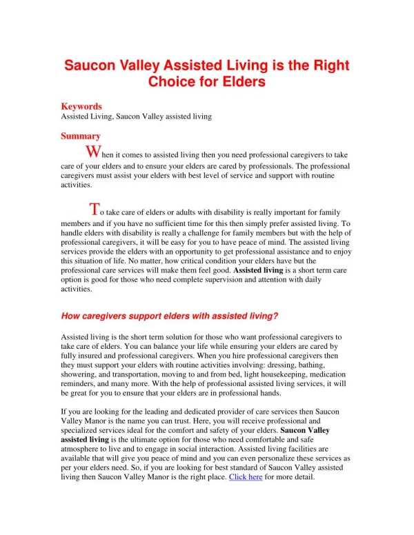 Saucon Valley Assisted Living is the Right Choice for Elders