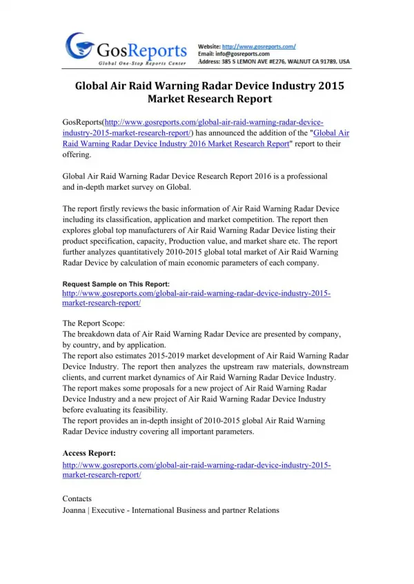 Global Air Raid Warning Radar Device Industry 2015 Market Research Report