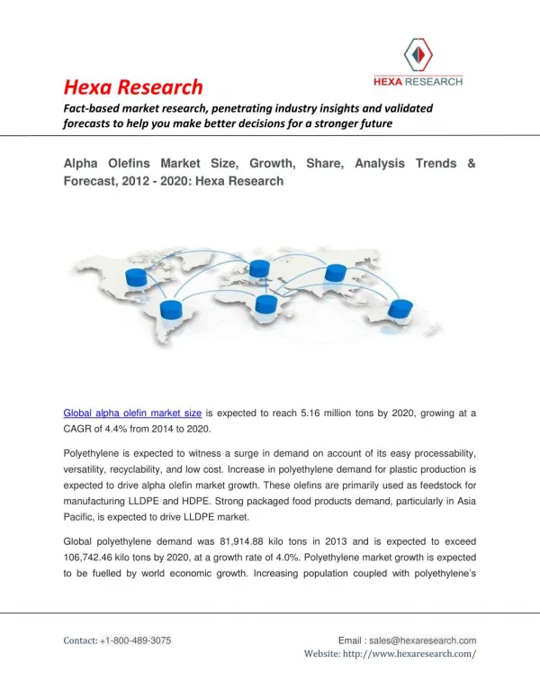 Alpha Olefins Market Growth, Share, Size, Analysis Trends & Forecast, 2012 - 2020: Hexa Research