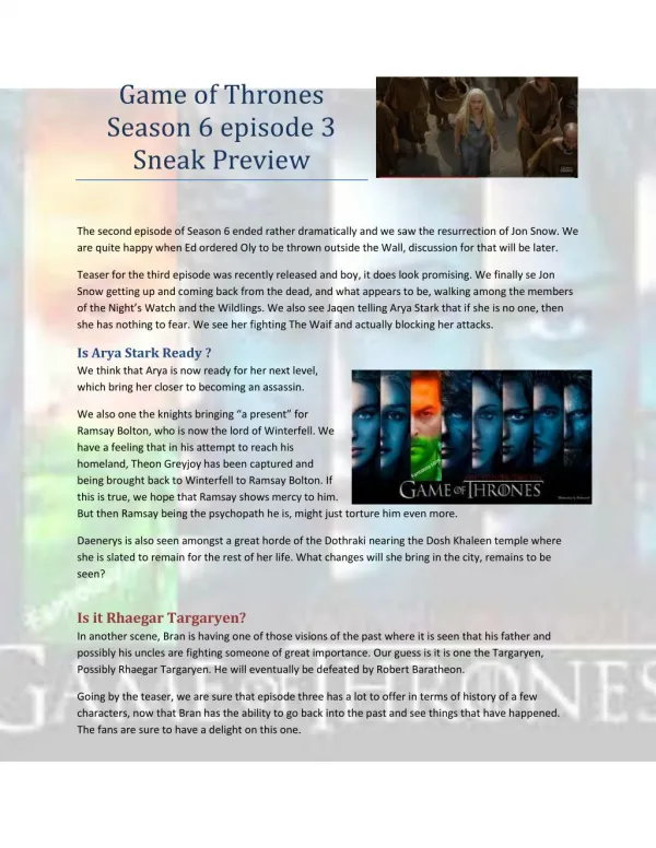 Game of Thrones Season 6 episode 3 Sneak Preview
