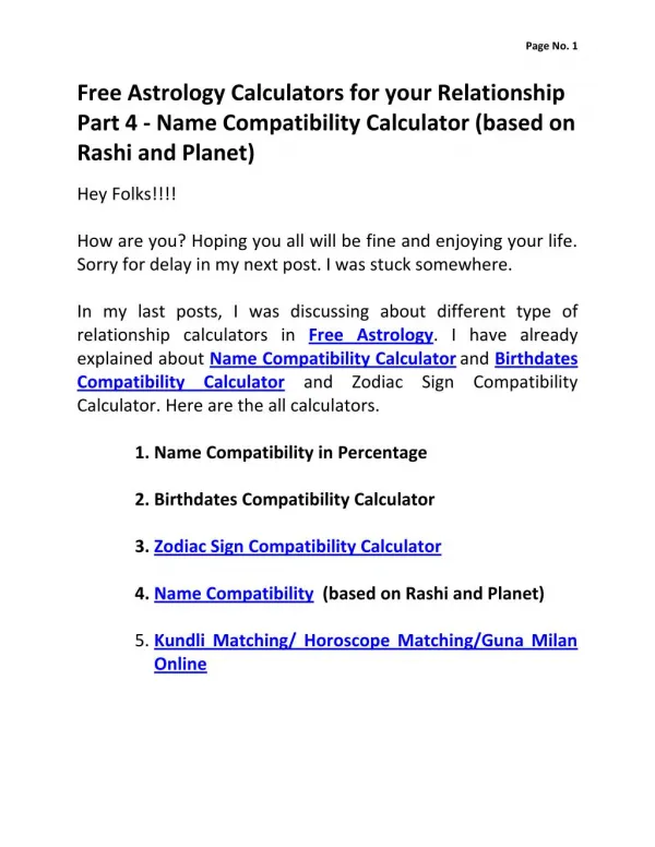 Free Astrology Calculators for your Relationship Part 4 - Name Compatibility (based on Rashi and Planet)