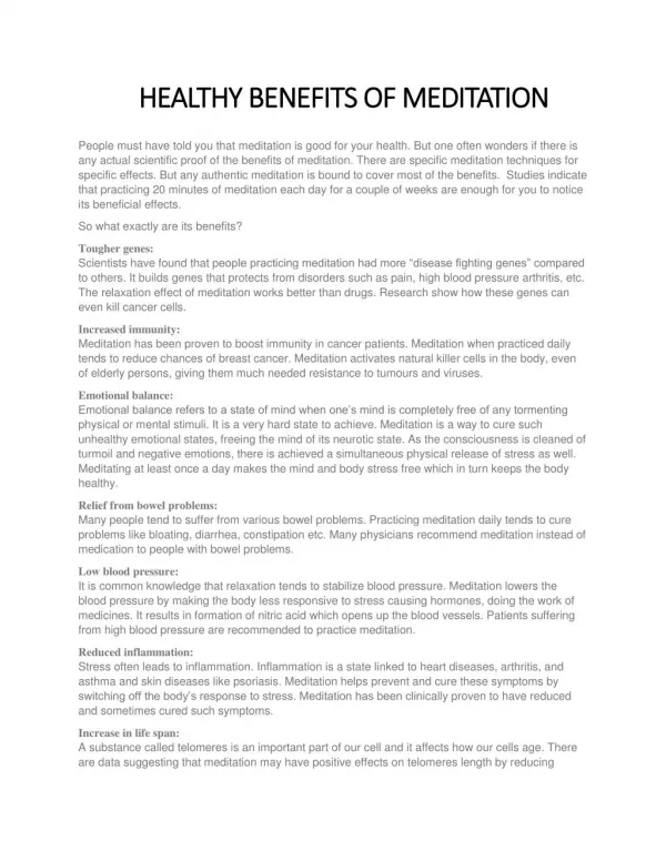 HEALTHY BENEFITS OF MEDITATION