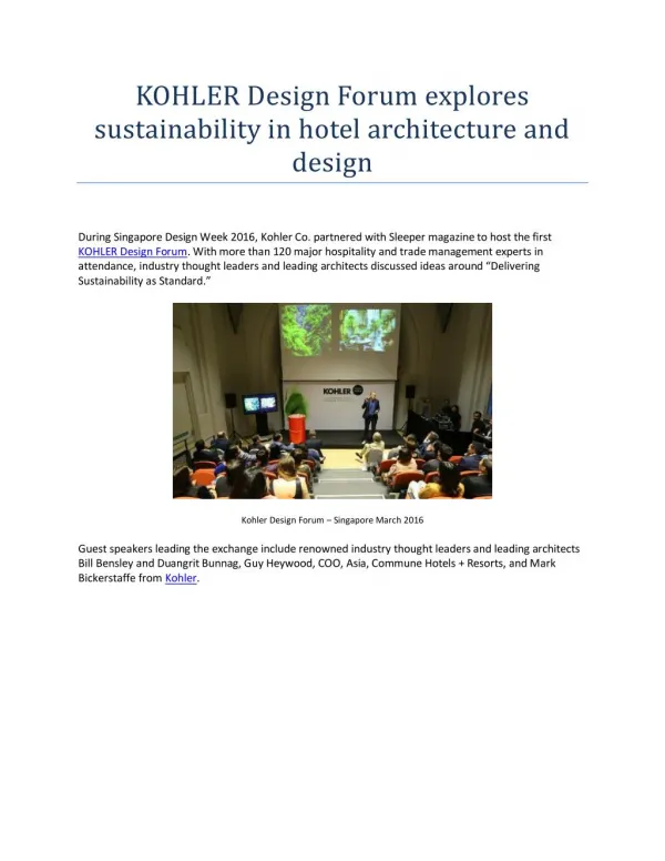 Kohler design forum explores sustainability in hotel architecture and design