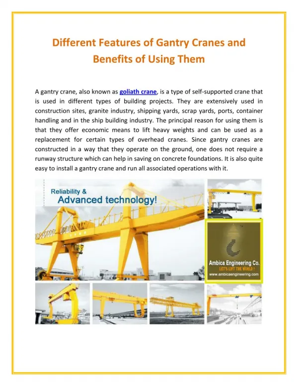 Different Features of Goliath Crane and Advantages of Using Them