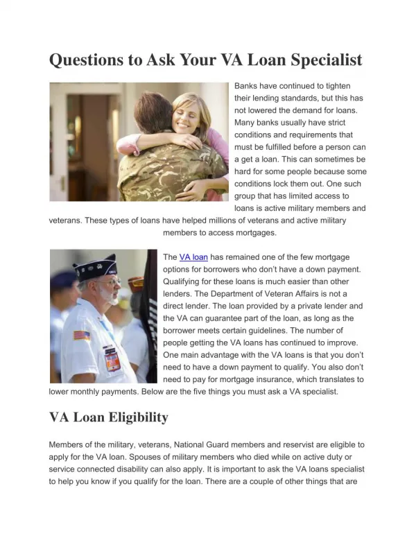 Questions to Ask Your VA Loan Specialist