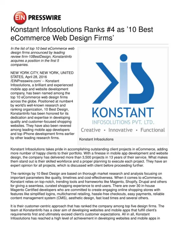 Konstant Infosolutions Ranks #4 as ’10 Best eCommerce Web Design Firms’