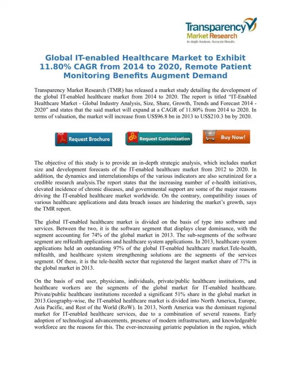 Global IT-enabled Healthcare Market to Exhibit 11.80% CAGR from 2014 to 2020, Remote Patient Monitoring Benefits Augment