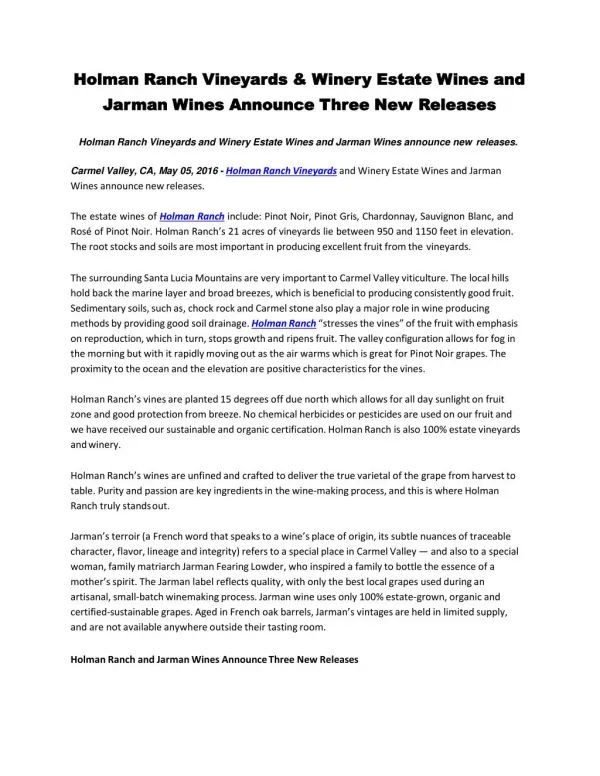 Holman Ranch Vineyards & Winery Estate Wines and Jarman Wines announce Three New Releases