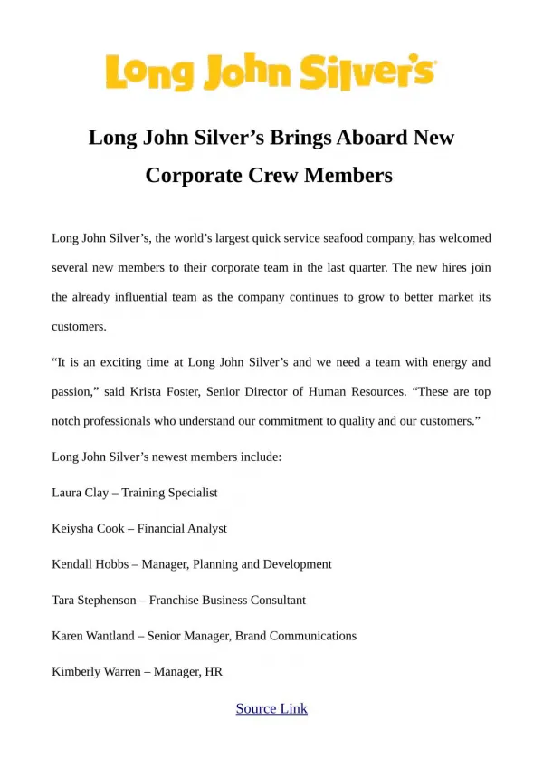 Long John Silver’s Brings Aboard New Corporate Crew Members