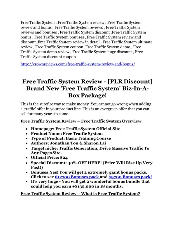 Free Traffic System review and (free) Free Traffic System $24,700 bonus