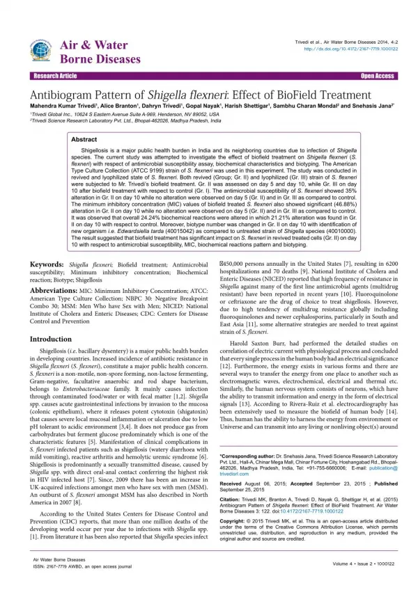 Antibiogram Pattern of Shigella flexneri: Effect of BioField Treatment