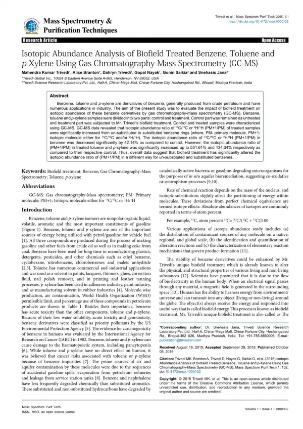 Isotopic Abundance Analysis of Biofield Treated Benzene, Toluene and p-Xylene Using Gas Chromatography-Mass Spectrometry