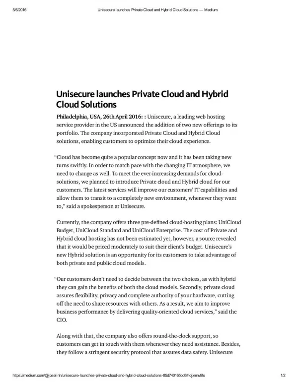 Unisecure launches Private Cloud and Hybrid Cloud Solutions