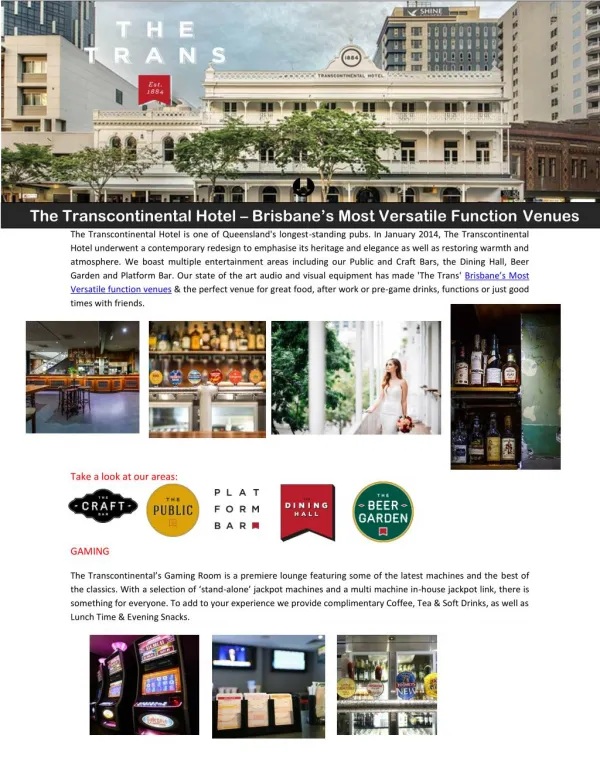 The Transcontinental Hotel – Brisbane’s Most Versatile Function Venues