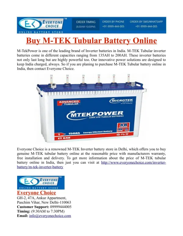 Buy M-TEK Tubular Battery Online