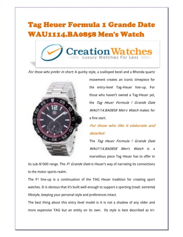 Tag Heuer Formula 1 Grande Date WAU1114.BA0858 Men's Watch