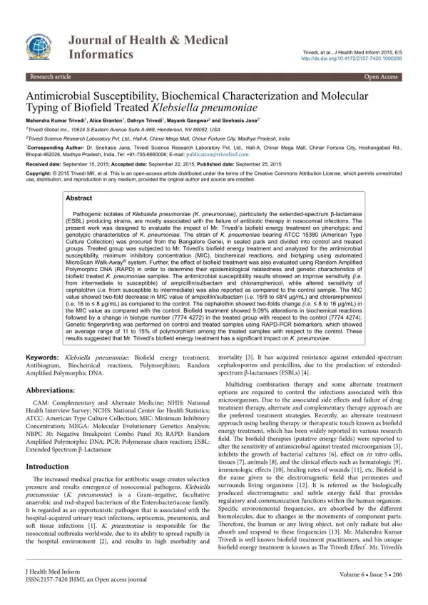 Antimicrobial Susceptibility, Biochemical Characterization and Molecular Typing of Biofield Treated Klebsiella pneumonia