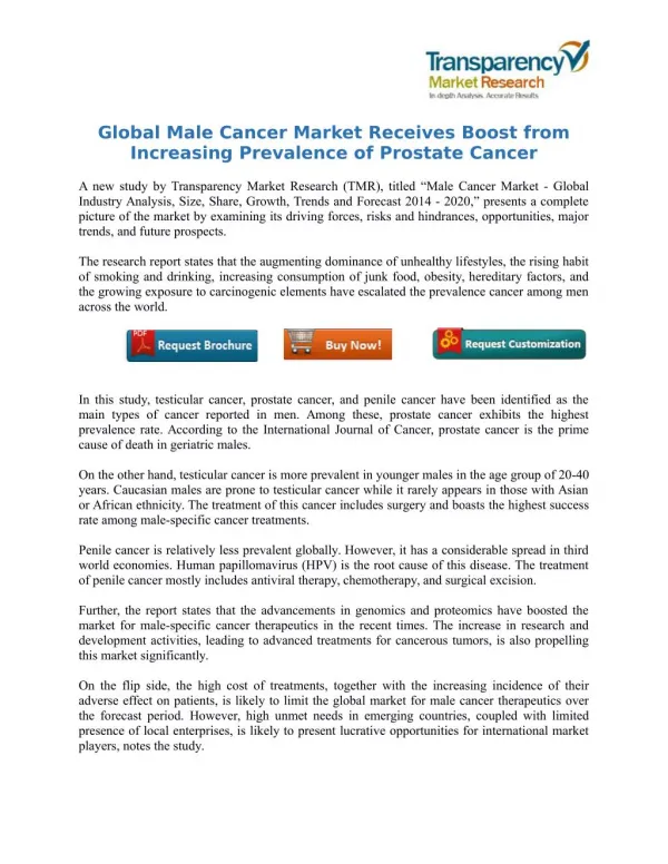 Global Male Cancer Market Receives Boost from Increasing Prevalence of Prostate Cancer