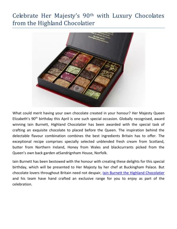 Celebrate Her Majesty’s 90th with Luxury Chocolates from the Highland Chocolatier