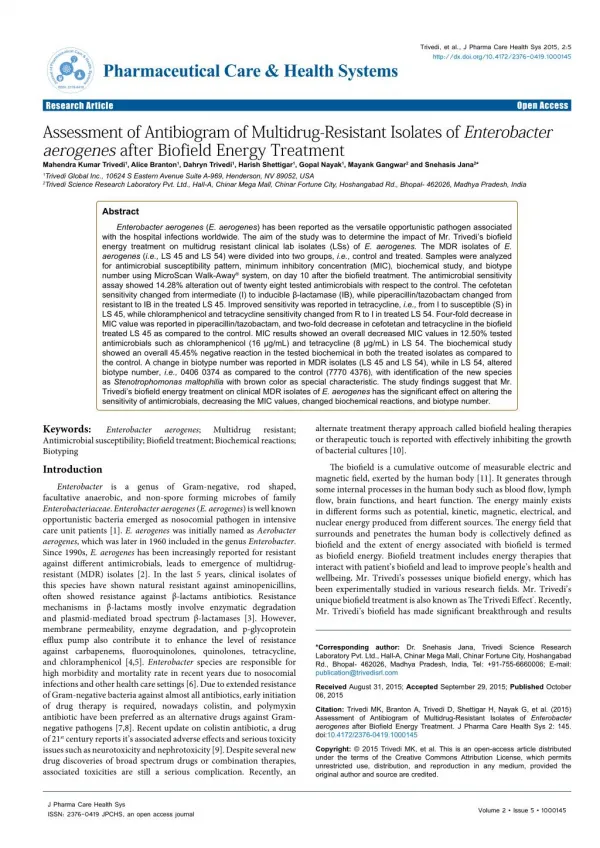 Assessment of Antibiogram of Multidrug-Resistant Isolates of Enterobacter aerogenes after Biofield Energy Treatment