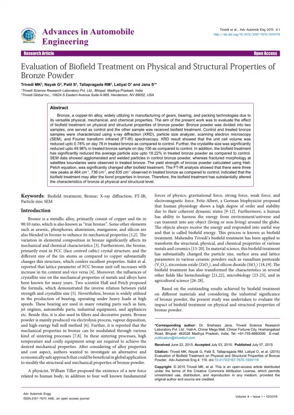 Evaluation of Biofield Treatment on Physical and Structural Properties of Bronze Powder