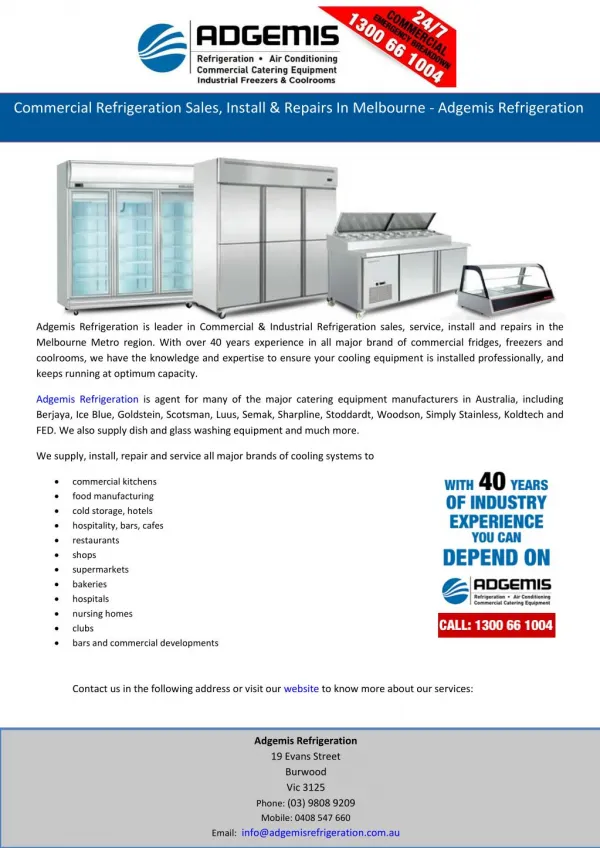 Commercial Refrigeration Sales, Install & Repairs In Melbourne - Adgemis Refrigeration