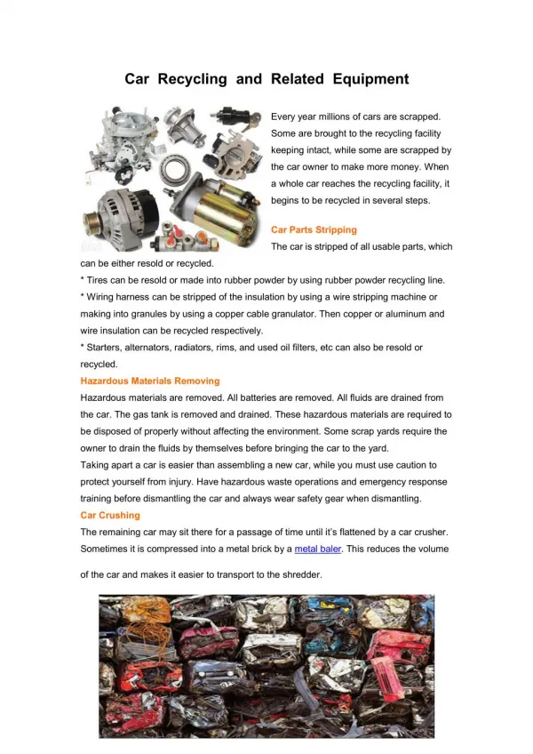 Car Recycling and Related Equipment