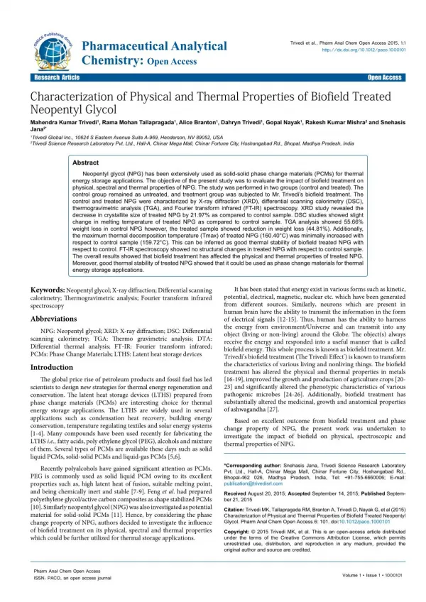 Characterization of Physical and Thermal Properties of Biofield Treated Neopentyl Glycol