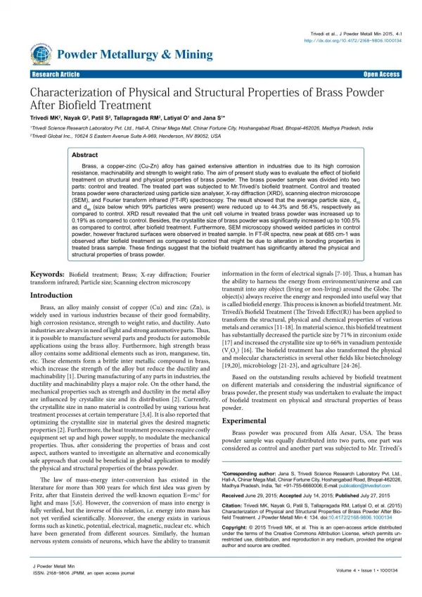 The Impact of Biofield Energy Treatment on Brass Powder