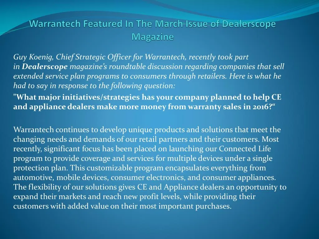 warrantech featured in the march issue of dealerscope magazine