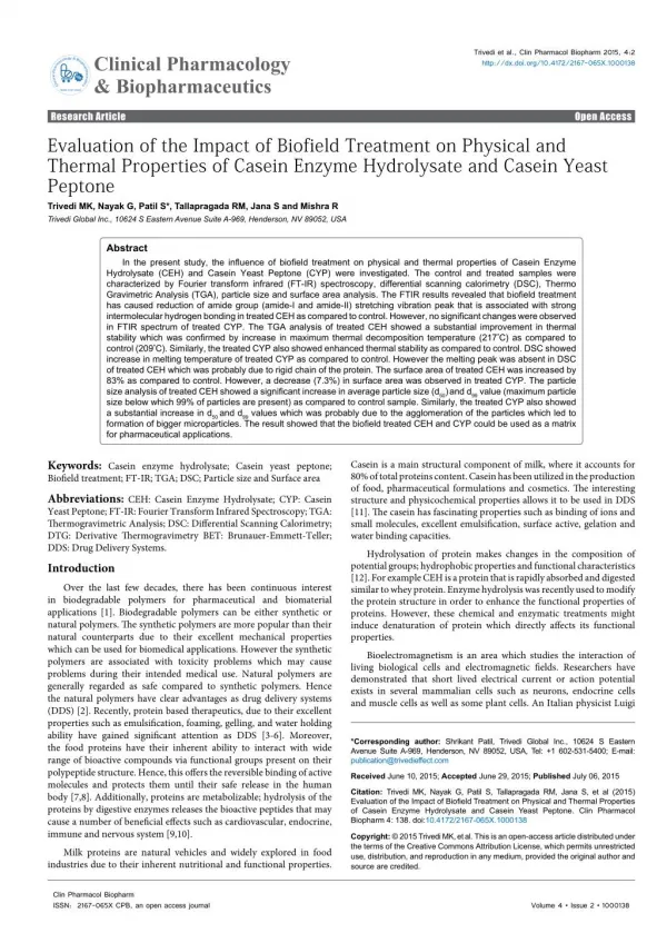 Evaluation of the Impact of Biofield Treatment on Physical and Thermal Properties of Casein Enzyme Hydrolysate and Casei