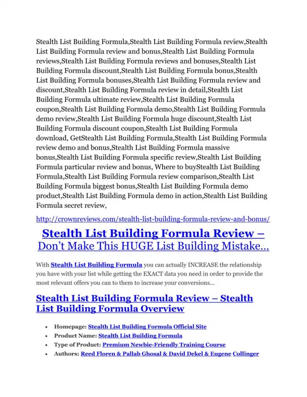 Stealth List Building Formula review and (free) $12,700 bonus-- Stealth List Building Formula discount