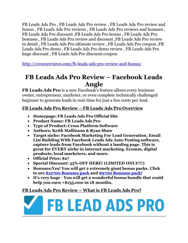 FB Leads Ads Pro review and giant $12700 bonus-80% discount