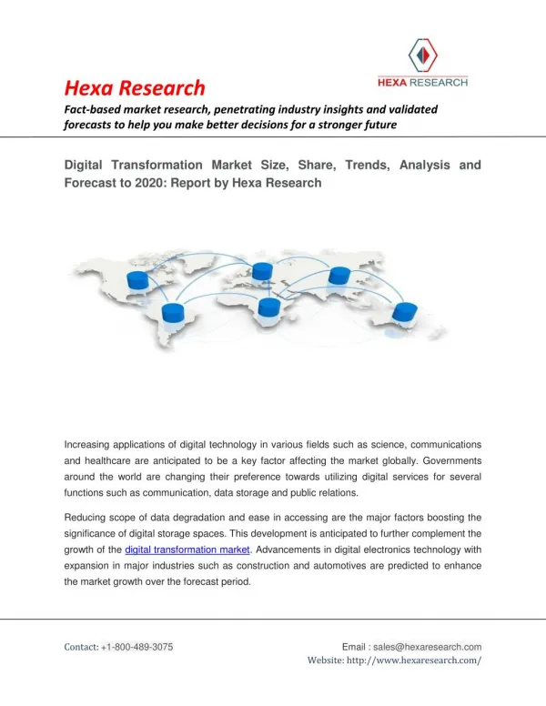Digital Transformation Market Size, Share, Trends, Analysis and Forecast To 2020: Hexa Research
