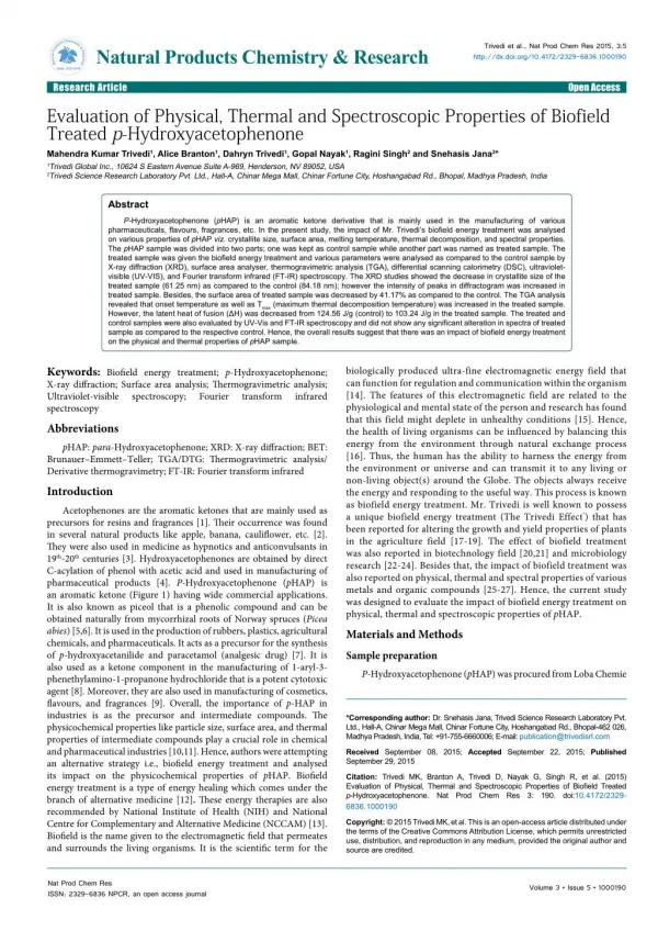 Evaluation of Physical, Thermal and Spectroscopic Properties of Biofield Treated p-Hydroxyacetophenone