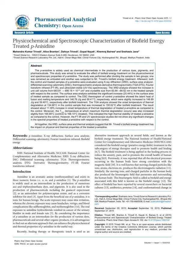 Physicochemical and Spectroscopic Characterization of Biofield Energy Treated p-Anisidine
