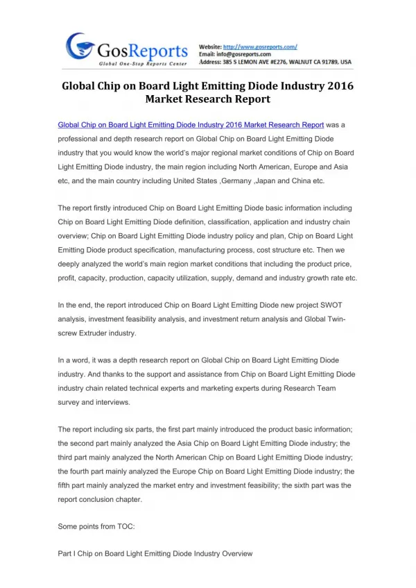 Global Chip on Board Light Emitting Diode Industry 2016 Market Research Report