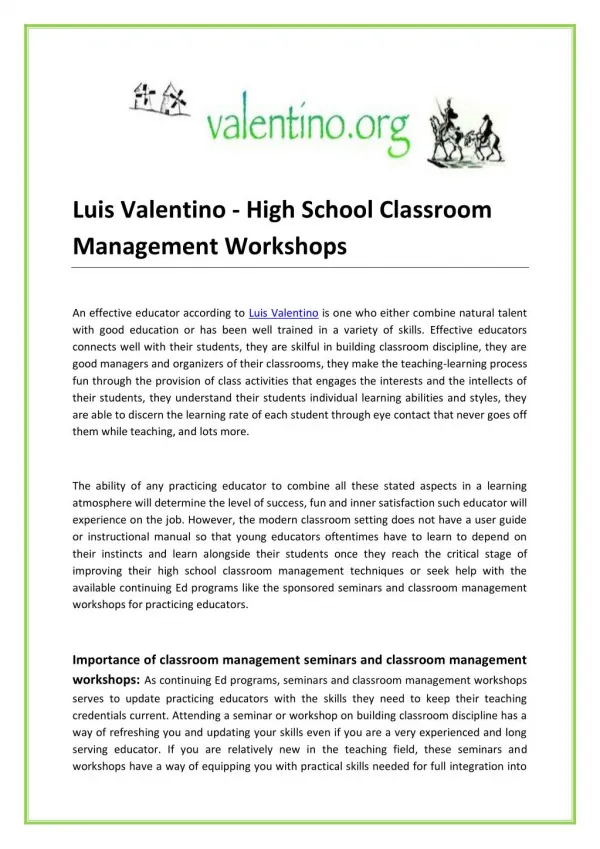 Luis Valentino - High School Classroom Management Workshops