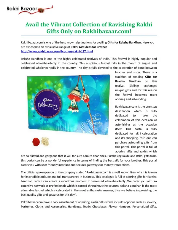 Avail the Vibrant Collection of Ravishing Rakhi Gifts Only on Rakhibazaar.com!